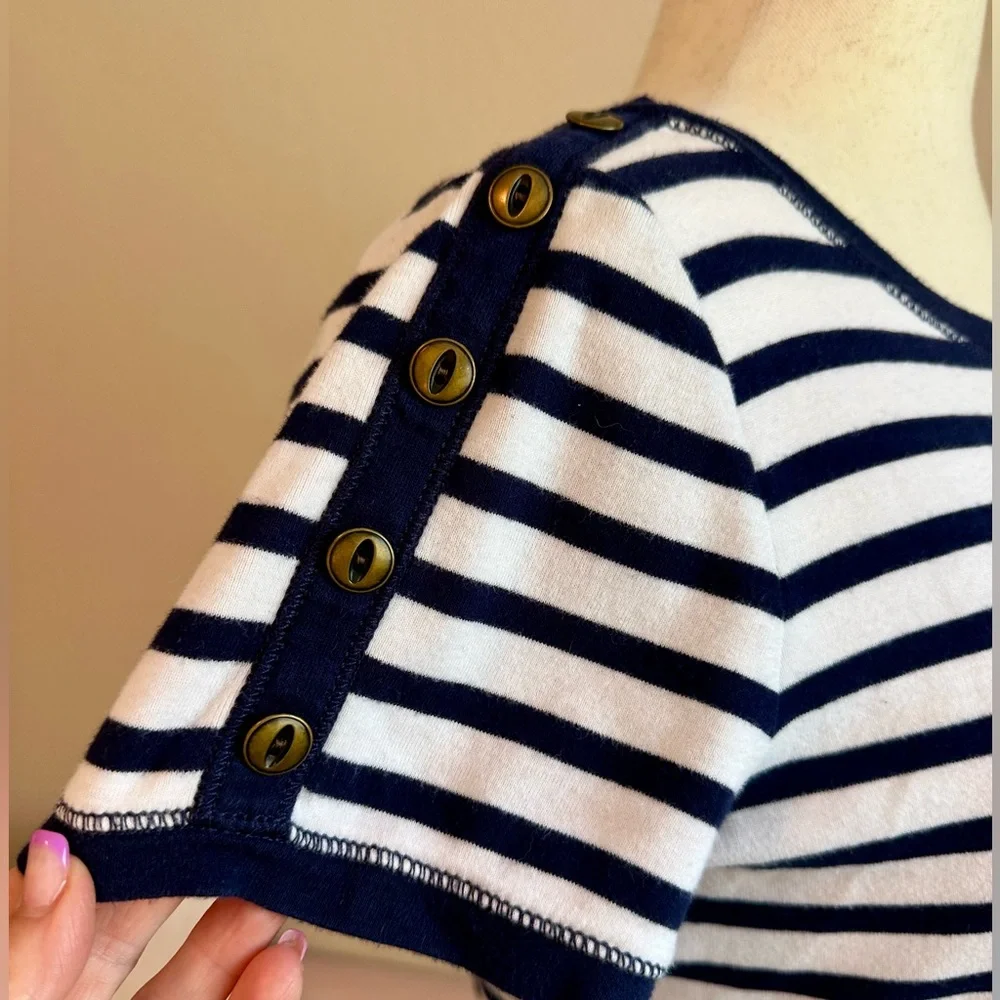 Ralph Lauren Shirt Blue White Stripe Button Shoulder Women’s Large Nautical - Picture 3 of 11